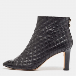 Chanel Black Quilted Leather and Patent Cap Toe CC Ankle Booties Size 39