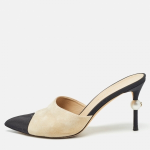 Chanel Beige/Black Suede and Canvas CC Faux Pearl Embellished Heel Slip On Mules Size 41