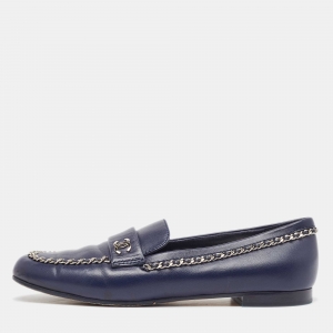 Pre Owned Chanel Navy Blue Leather Chain Detail CC Loafers Size 40