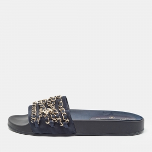Chanel Navy Blue Fabric Tropiconic Slides Size 38