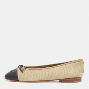 Pre Owned Chanel Black/Beige Leather and Canvas CC Ballet Flats Size 38