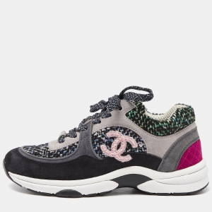 Pre Owned Chanel Multicolor Tweed and Suede CC Low Top Sneakers Size 36.5