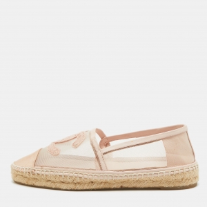 Pre Owned Chanel Pink Lace Up CC Cap Toe Espadrille Flats Size 35
