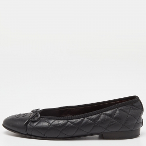 Pre Owned Chanel Black Quilted Leather CC Cap Toe Bow Ballet Flats Size 35
