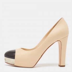 Pre Owned Chanel Beige/Black Leather Platform Pumps Size 37.5 
