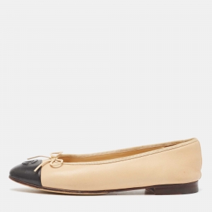 Pre Owned Chanel Beige/Black Leather Bow CC Cap Toe Ballet Flats Size 36.5