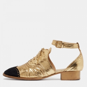 Pre Owned Chanel Gold/Black Leather and Suede CC Ankle Strap Oxford Sandals Size 42