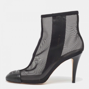 Chanel Black Mesh and Leather CC Cap Toe Ankle Boots Size 36