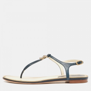 Pre Owned Chanel Dark Teal Leather CC Thong Flat Sandals Size 39