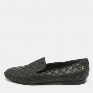 Chanel Black Leather Slip On Smoking Slipper Size 36