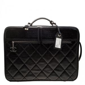 Chanel Black Quilted Glossy Coated Canvas Carry On Luggage