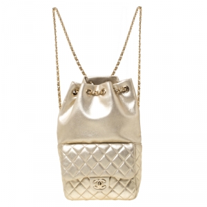 Pre Owned Chanel Metallic Gold  Quilted Leather Small Seoul Backpack