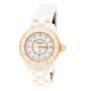Chanel White Ceramic Gold Plated Steel Diamonds J12 H2181 Women's Wristwatch 33 mm