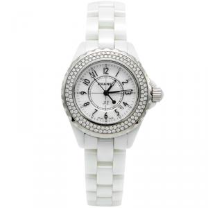 Chanel White Ceramic J12 Diamond Bezel Women's Watch 33MM