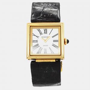 Chanel White 18K Yellow Gold and Leather Mademoiselle Quartz Women's Wristwatch 23 mm
