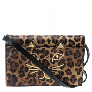 Charlotte Olympia Brown Leopard Print Leather Feline Purse Shoulder Bag