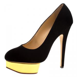 Pre Owned Charlotte Olympia Black Velvet Dolly Platform Pumps Size 40