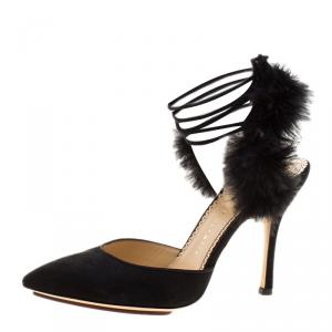 Charlotte Olympia Black Suede and Fur Trim Tango Pointed Toe Sandals Size 38
