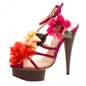 Charlotte Olympia Pink Suede and Mesh Botanica Flower Embellished Platform Sandals Size 38