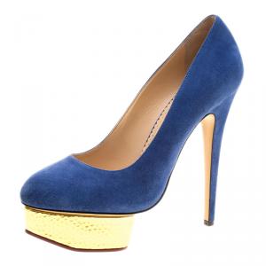 Pre Owned Charlotte Olympia Blue Suede Dolly Platform Pumps Size 39.5