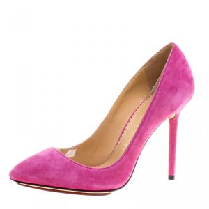 Pre Owned Charlotte Olympia Pink Suede and PVC Trim Monroe Pointed Toe Pumps Size 35.5