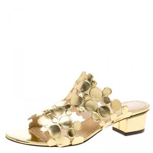 Charlotte Olympia Metallic Gold Leather Conceptual Peep Toe Slides Size 36