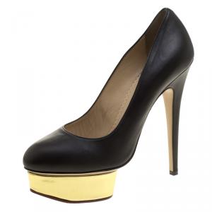 Pre Owned Charlotte Olympia Black Leather Dolly Platform Pumps Size 38.5