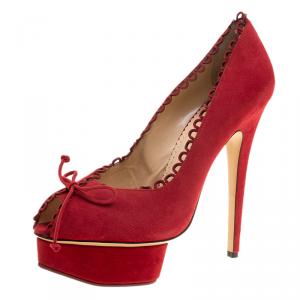 Pre Owned Charlotte Olympia Red Suede Daphne Scalloped Trim Peep Toe Platform Pumps Size 38
