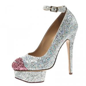 Pre Owned Charlotte Olympia Two Tone Glitter Kiss Me Dolores! Ankle Strap Platform Pumps Size 36