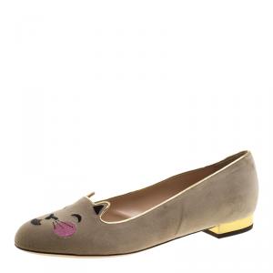 Pre Owned Charlotte Olympia Beige Velvet Emoticats Cheeky Kitty Flats Size 39.5
