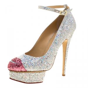 Pre Owned Charlotte Olympia Silver Glitter Kiss Me Dolores! Ankle Strap Platform Pumps Size 41