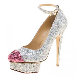 Pre Owned Charlotte Olympia Two Tone Glitter Kiss Me Dolores! Ankle Strap Platform Pumps Size 39.5