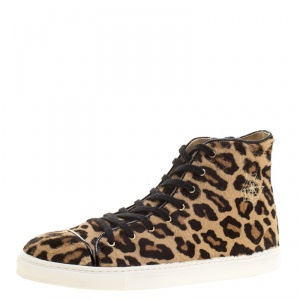 Charlotte Olympia Beige Leopard Print Pony Hair Purrfect High Top Sneakers Size 39.5