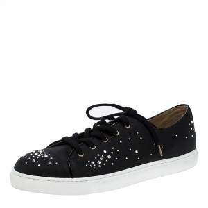 Charlotte Olympia Black Crystal Embellished Linen Bejeweled Low Top Sneakers Size 41