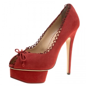 Pre Owned Charlotte Olympia Red Suede Daphne Scalloped Trim Peep Toe Platform Pumps Size 40