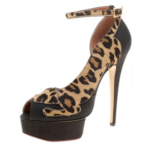 Pre Owned Charlotte Olympia Black Linen and Calf Hair Leopardess Platform Ankle Strap D'orsay Pumps Size 37
