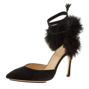 Charlotte Olympia Black Suede and Fur Trim Tango Pointed Toe Sandals Size 38.5