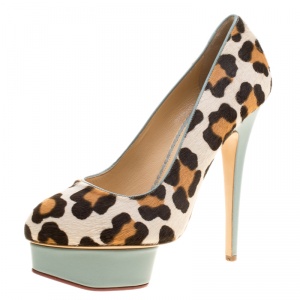 Pre Owned Charlotte Olympia Beige Leopard Print Calf Hair Polly Platform Pumps Size 39.5