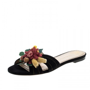 Charlotte Olympia Black Suede Tropical Floral Embellished Flat Slides Size 38