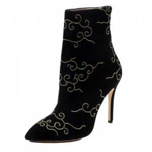 Pre Owned Charlotte Olympia Black Embroidered Suede Betsy Pointed Toe Ankle Boots Size 37.5