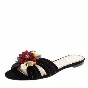 Charlotte Olympia Black Suede Tropical Floral Embellished Flat Slides Size 40