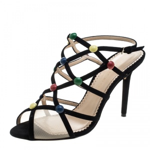 Charlotte Olympia Black Suede and Mesh Spot On Multicolor Stud Embellished Cut Out Sandals Size 40