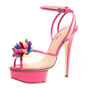 Charlotte Olympia Pink Leather and Mesh Pomeline Peep Toe Platform Sandals Size 38.5