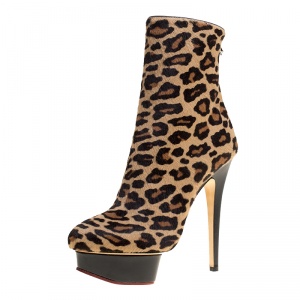 Pre Owned Charlotte Olympia Leopard Print Pony Hair Lucinda Platform Ankle Boots Size 37.5