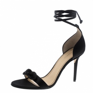 Charlotte Olympia Black Satin Shelley Bow Embellished Ankle Wrap Sandals Size 38.5