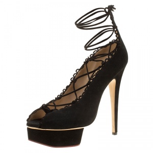 Pre Owned Charlotte Olympia Black Suede Gladys Scallop Trim Lace Up Open Toe Platform Pumps Size 39