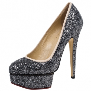 Pre Owned Charlotte Olympia Black Glitter Priscilla Platform Pumps Size 36.5