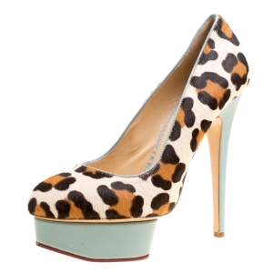 Pre Owned Charlotte Olympia Beige Leopard Print Calf Hair Polly Platform Pumps Size 40