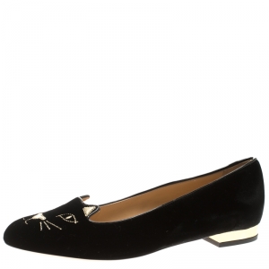 Pre Owned Charlotte Olympia Black Kitty Embroidered Velvet Flats Size 41