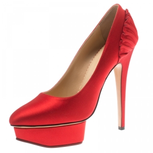 Pre Owned Charlotte Olympia Red Satin Paloma Fan Pleat Platform Pumps Size 37